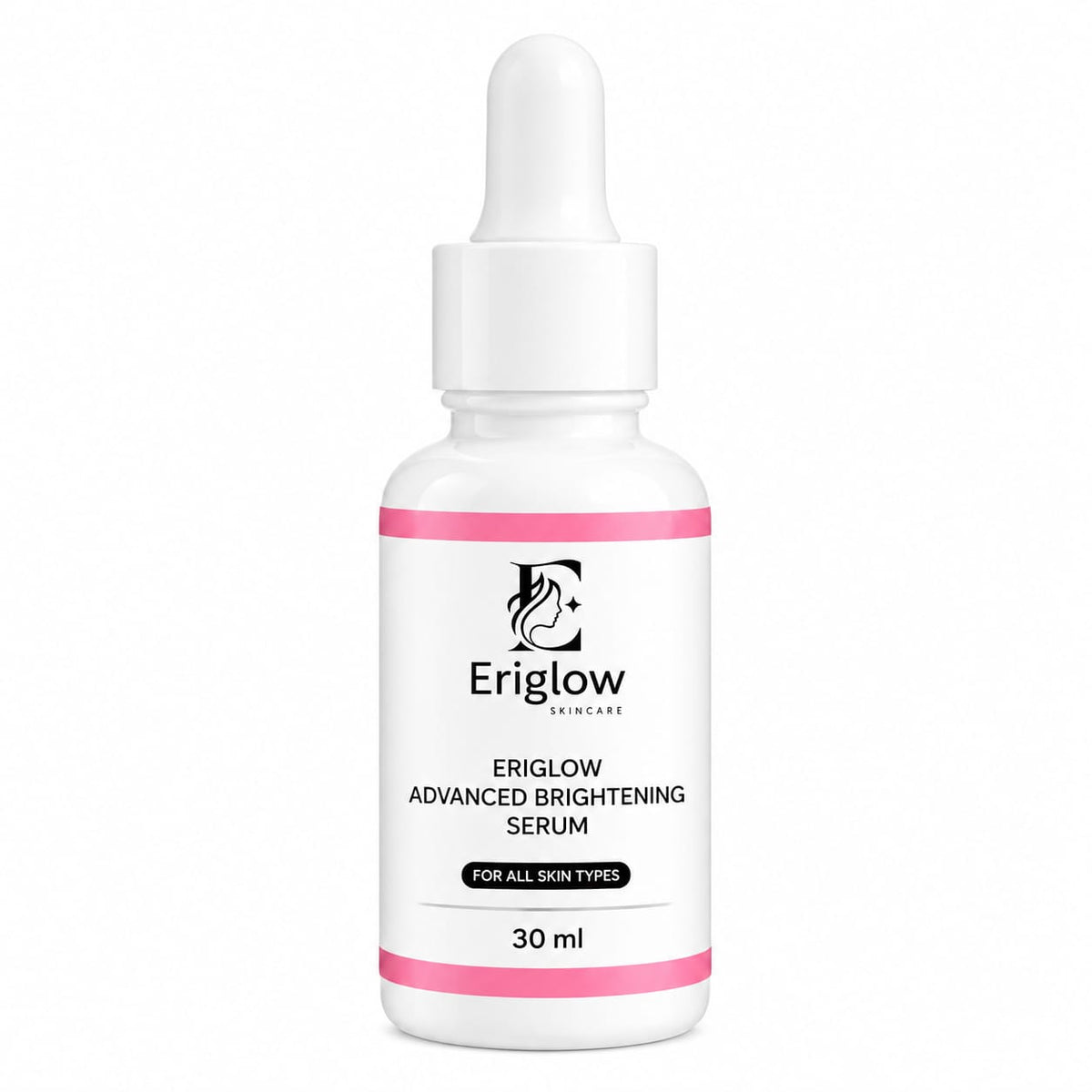 Eriglow Advanced Brightening Serum 30 ml dropper bottle with pink bands on a white background