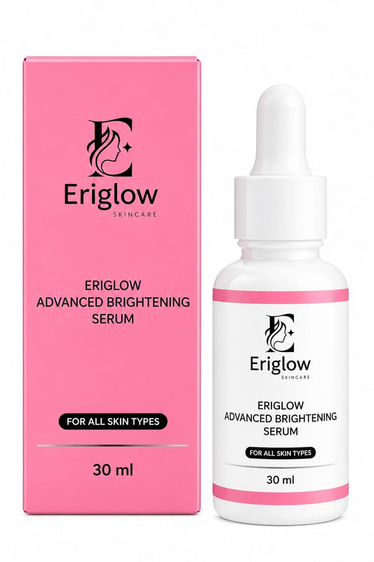 Eriglow Advanced Brightening Serum 30 ml bottle with dropper cap above it on a pink background