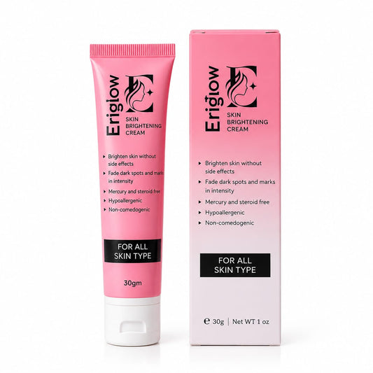 Eriglow Skin Brightening Cream tube standing next to its pink box on a white background