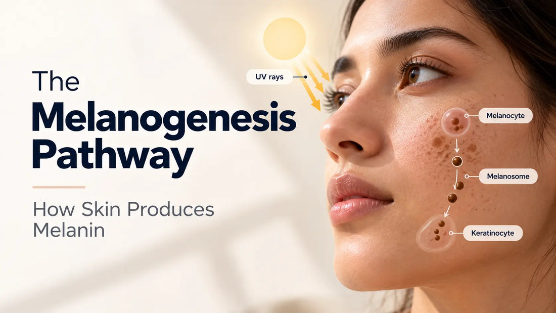 Melanogenesis pathway diagram showing how UV exposure leads to melanin production in skin