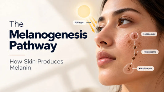 Melanogenesis pathway diagram showing how UV exposure leads to melanin production in skin