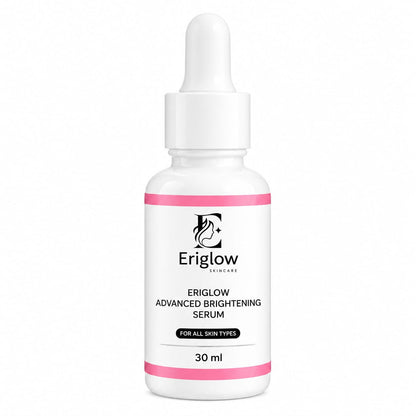 Eriglow Advanced Brightening Serum 30 ml dropper bottle with pink bands on a white background