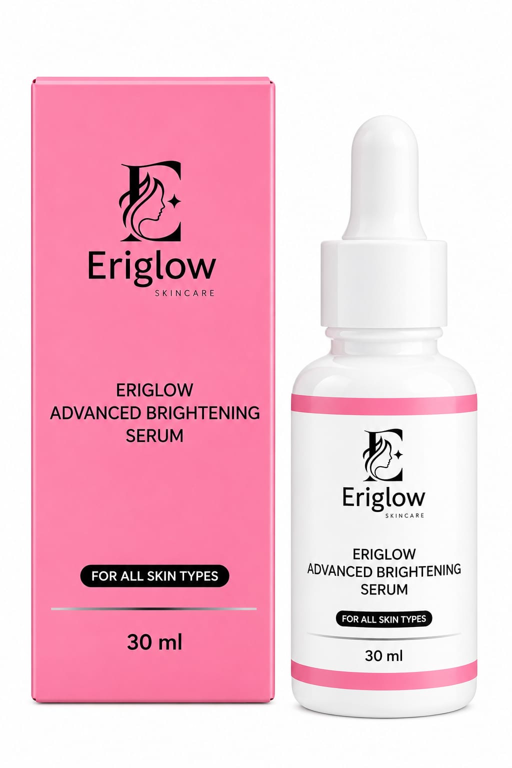 Eriglow Advanced Brightening Serum 30 ml bottle with dropper cap above it on a pink background