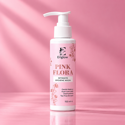 Eriglow Pink Flora Intimate Hygiene Wash 100 ml pump bottle with pink label on a pink background