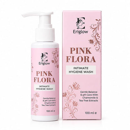 Eriglow Pink Flora Intimate Hygiene Wash pump bottle beside its pink box on a white background