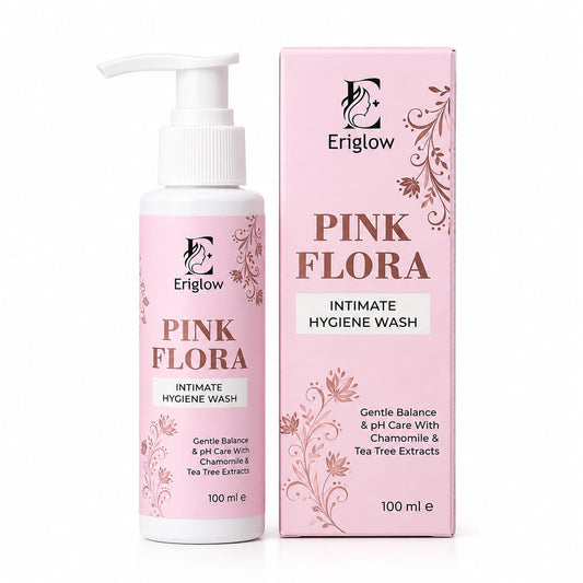 Eriglow Pink Flora Intimate Hygiene Wash pump bottle beside its pink box on a white background