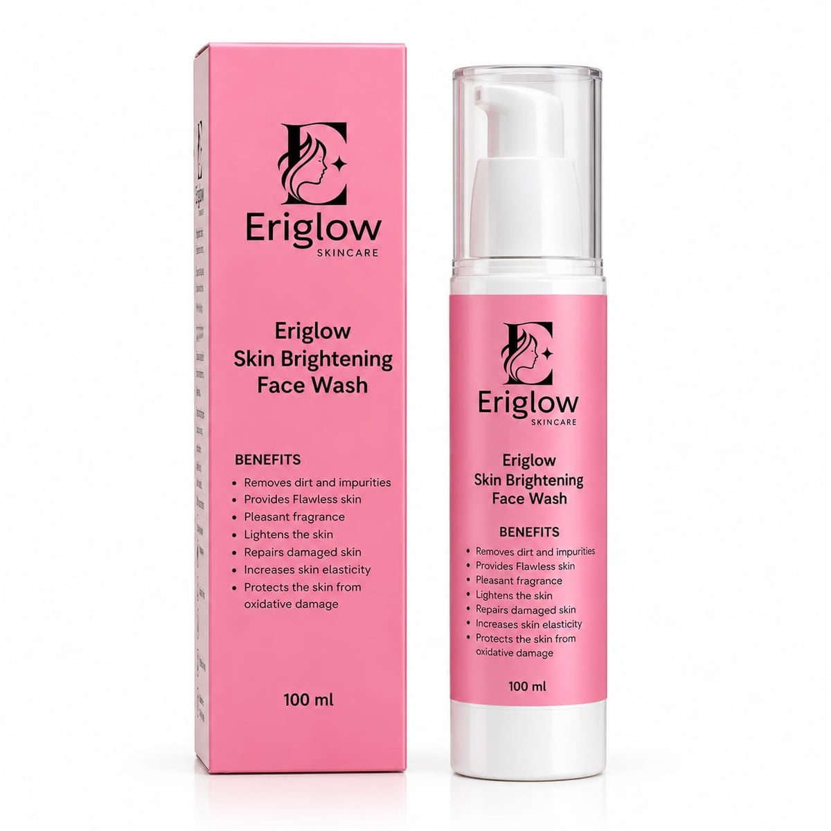 Eriglow Skin Brightening Face Wash pump bottle beside its pink box on a white background