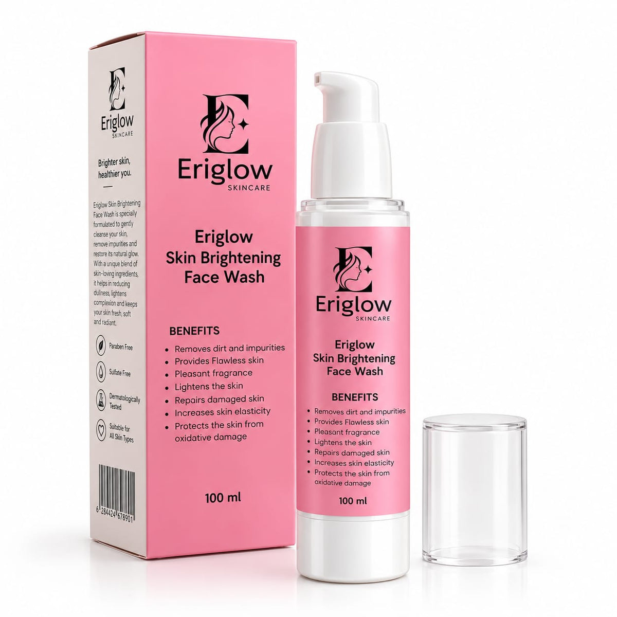 Eriglow Skin Brightening Face Wash bottle next to its pink box and clear cap on a white background