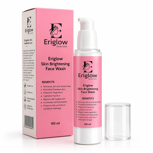 Eriglow Skin Brightening Face Wash bottle next to its pink box and clear cap on a white background